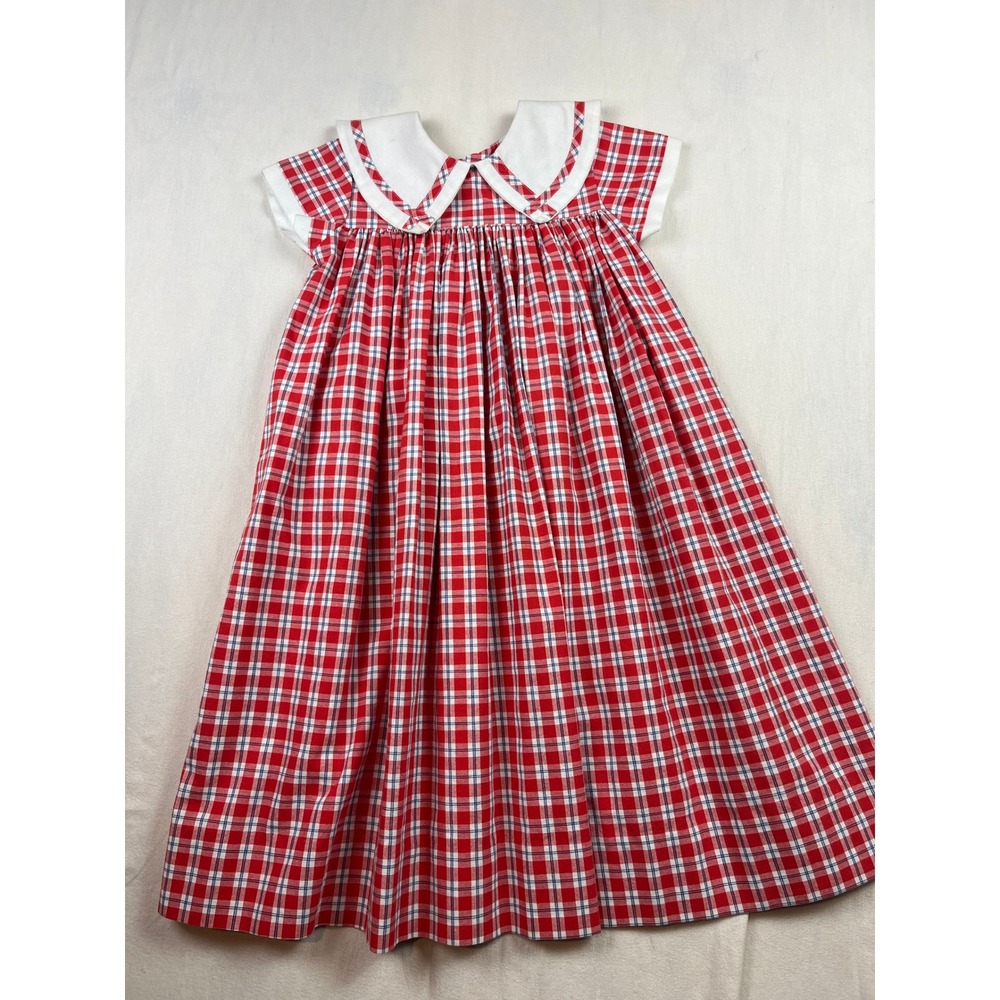 Rags Land Girls Red White Blue Plaid Peter Pan Collar Cotton Dress Size 6 USA